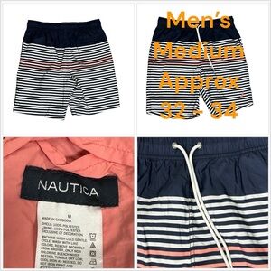 Men's Nautica Medium 32 - 34 Swim Drawstring Shorts Trunks Stripes Blue Pink